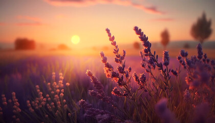 Lavender field in sunlight, shallow depth of field, generative ai