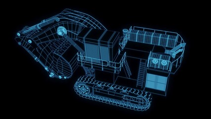 3D rendering illustration excavator blueprint glowing neon hologram futuristic show technology security for premium product business finance  
