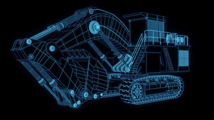 3D rendering illustration excavator blueprint glowing neon hologram futuristic show technology security for premium product business finance  