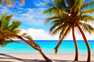 A scenic beach with palm trees and crystal-clear water