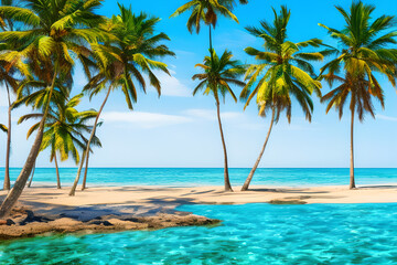 A scenic beach with palm trees and crystal-clear water