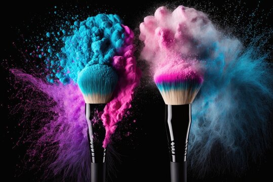 Make-up brush with cyan and magenta powder explosion on black background, AI generative.