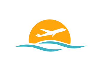 Travel and tour logo concept, airplane icon with waves water cloud symbol