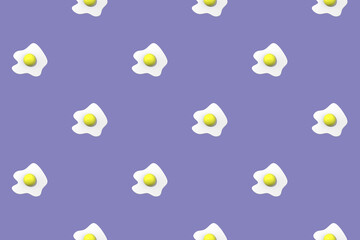 pattern. Image of chicken egg on pastel blue purple backgrounds. Egg with round yolk. Surface overlay pattern. 3D image. 3D rendering. Horizontal image.