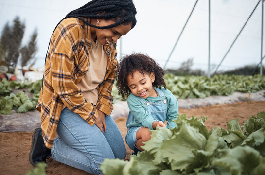 Agriculture, Farm And Mother With Girl In Greenhouse Garden To Check Growth Of Plants. Black Family, Agro Learning And Care Of Mom Laughing With Kid On Field For Harvest, Farming Or Sustainability