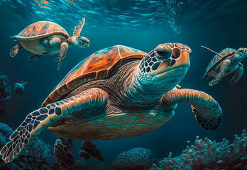 Fototapeta premium turtle swimming in the sea created with Generative AI technology