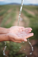 Hands, splash and washing or cleaning with water, hydration and freshness for sustainability outdoors on a farm. Person, ecology and aqua to prevent germs or bacteria for care, wellness and health