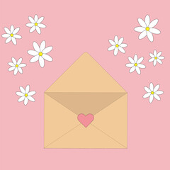 Envelop with flowers and heart. Love Letter. Mother and Valentines day greetings. Vector illustration on pink background