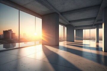 view of empty floor with concrete modern building and beautiful sunrise cityscape Generative AI