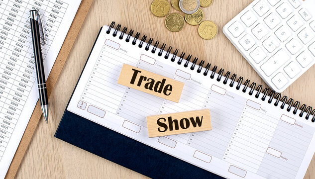 TRADE SHOW word written on wooden block on planner with coins, clipboard and a calculator