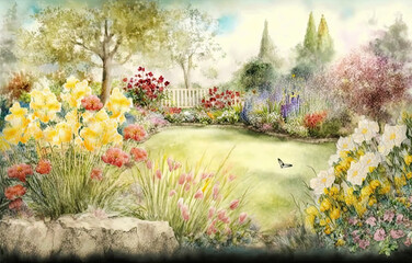 Spring Garden Landscape, Paint Splatter, Generative AI