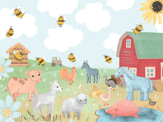 Farm Animals over natural background, cartoon funny illustration for kids - 570609591