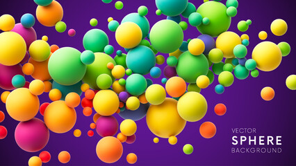 Abstract background with colorful rainbow matte soft balls in different sizes. Colorful random flying spheres. Vector background