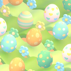 3d rendered cartoon Easter eggs and flowers pattern.