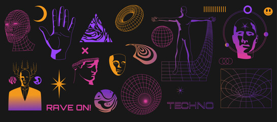 Retro futuristic set. Rave techno punk surreal geometric symbols, psychedelic wireframe perspective grids for streetwear merch design. Vector collection