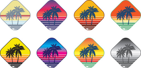 Set of retro sunsets in the style of the 80s and 90s. Abstract background with a sunny gradient. Silhouettes of palm trees. Vector design template for logo, badges. Isolated white background.