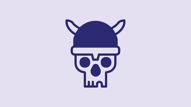 Blue Skull with viking helmet icon isolated on purple background. Happy Halloween party. 4K Video motion graphic animation