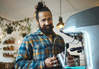 Portrait, man and barista with machine, smile and confidence with small business, worker and...