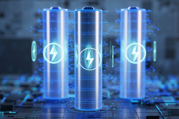 three AA batteries on a technological background. battery fast charging concept. AA batteries. 3D visualization