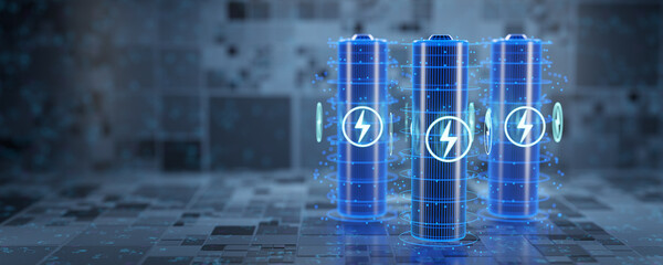 concept of fast battery charging. AA batteries. 3d render - obrazy, fototapety, plakaty