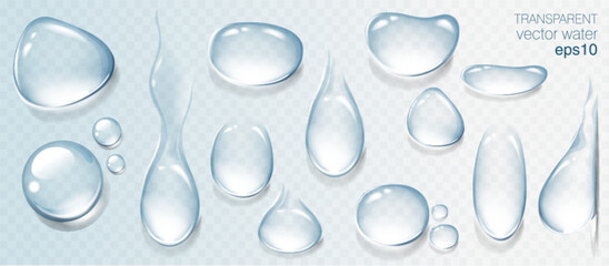 Realistic transparent water drops set. Rain drops on the glass. Isolated vector illustration
