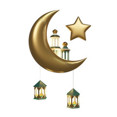 Isolated Ramadan Kareem flyer islamic element. 3d render advertising Mubarak social media template or card. Golden crescent with lantern and mosque