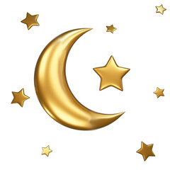 Isolated 3d render gold moon and star for decoration inviration or poster for Ramadan Kareem holiday. Muslim element for graphic design to use on template. Realistic crescent © Mariia