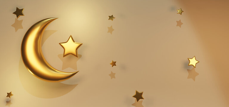 3d render horizontal Ramadan Kareem banner with moon and empty space for sale details. Ramadhan celebration greeting card with crescent and stars. Golden arabic decorations for advertising