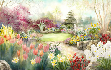 Obraz premium Spring Garden Landscape, Watercolor, Generative AI