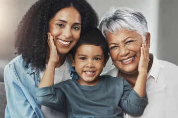 Love, smile and face portrait of happy family relax, bonding and enjoy quality time together in Brazil. Holiday apartment, happiness and young youth child, mother and grandmother in vacation home