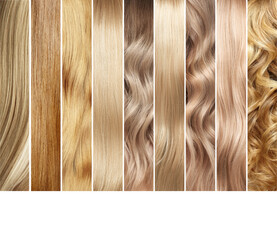 Collage of blonde hair color samples. Hair coloring. Hair dye