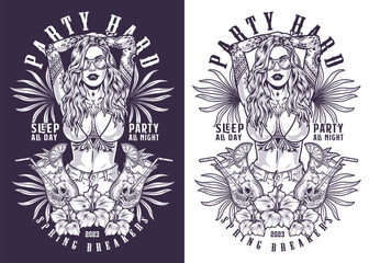 Beach party girl flyer monochrome