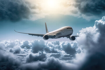 Passenger plane flying at high altitude, Generative AI