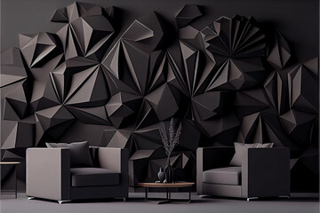black polygonal wall interior with armchairs in hall of hotel or apartments. Design concept. High quality ai generated illustration.