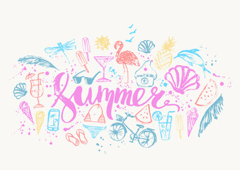 Fototapeta na wymiar Summer background with hand drawn sketches, grunge drops and lettering