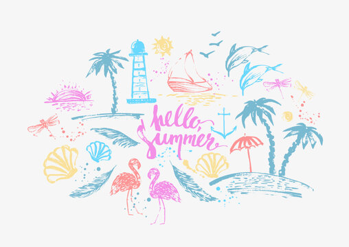 Summer background with hand drawn sketches, grunge drops and lettering © katyabogina