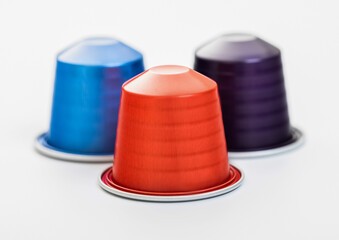 Coffee capsules pods for coffee machine on white background.