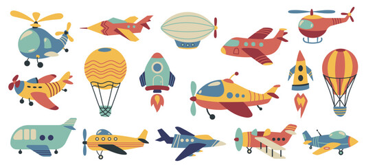 Cute aviation. Doodle colorful air transport, funny airplane helicopter hot air balloon blimp rocket, childish toy aircraft cartoon style. Vector isolated set - obrazy, fototapety, plakaty