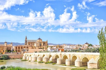 Fototapeta premium Córdoba, Andalusië, Zuid Spanje, Europe. View of the city gate 'Puerta del Puente' near the Mezquita, from the De Puente Romano, the 331 meter long Roman bridge, which crosses the river Guadalquivir.