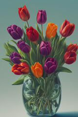 Bouquet of tulips in different colors in a glass vase
