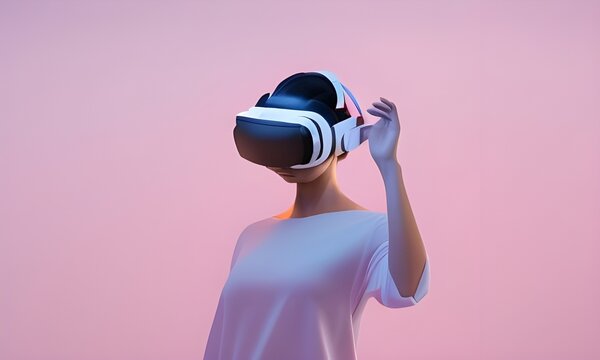 Young woman wearing a VR headset and experiencing virtual reality simulation, metaverse and cyberspace.