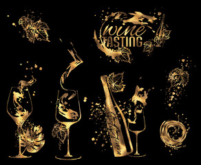 Wine Tasting - Collection of wine glasses and bottles. Hand drawn elements for invitation cards, advertising banners, menus in gold style. Wine glasses with splashing wine. Sketch vector illustration.