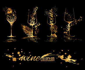 Wine collection - wine glasses and bottles. Hand drawn elements for invitation cards, advertising banners, menus in gold style. Wine glasses with splashing wine. Sketch vector illustration.