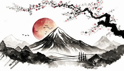  Japan traditional sumi-e painting and  Indian ink concept illustration. Outstanding mountain sun and sakura tree. Generative AI