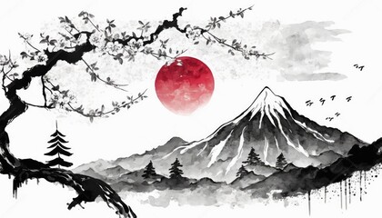  Japan traditional sumi-e painting and  Indian ink concept illustration. Outstanding mountain sun and sakura tree. Generative AI