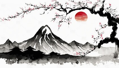  Japan traditional sumi-e painting and  Indian ink concept illustration. Outstanding mountain sun and sakura tree. Generative AI