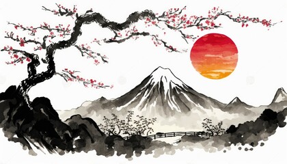  Japan traditional sumi-e painting and  Indian ink concept illustration. Outstanding mountain sun and sakura tree. Generative AI © Don G