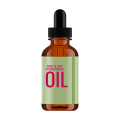 Essential oil bottle vector illustration in trendy 3d realistic design style. Scalp and Hair Strengthening Oil With Biotin and Essential Oils. Editable graphic resources for many purposes.