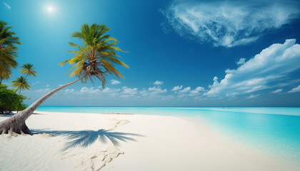 Fototapeta na wymiar Holidayfeel maledive like beautiful tropical beach with white sand palm trees, landscape, southern sea, sand, beaches. AI Generated Art.