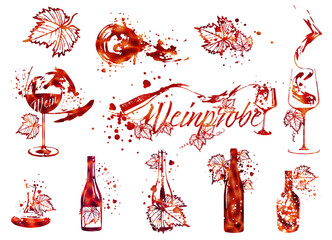Weinprobe - Collection of wine glasses and bottles. Hand drawn elements for invitation cards, advertising banners, menus in red style. Wine glasses with splashing wine. Sketch vector illustration.